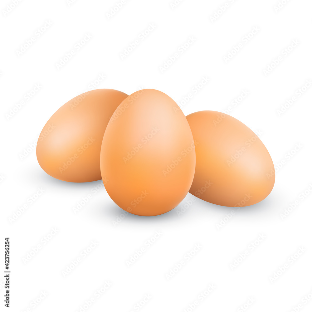 Realistic chicken brown eggs with shadow. Closeup 3d whole hen eggs isolated on white background. Bunch of three eggs. Vector illustration EPS10 Realistic chicken brown eggs with shadow. Closeup 3d whole hen eggs isolated on white background. Bunch of three eggs. Vector illustration EPS10