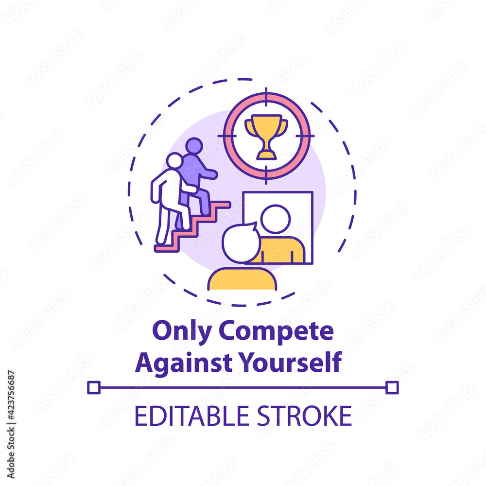 Only compete against yourself concept icon. Positive mental attitude. Personal improvement. Self development idea thin line illustration. Vector isolated outline RGB color drawing. Editable stroke Only compete against yourself concept icon. Positive mental attitude. Personal improvement. Self development idea thin line illustration. Vector isolated outline RGB color drawing. Editable stroke