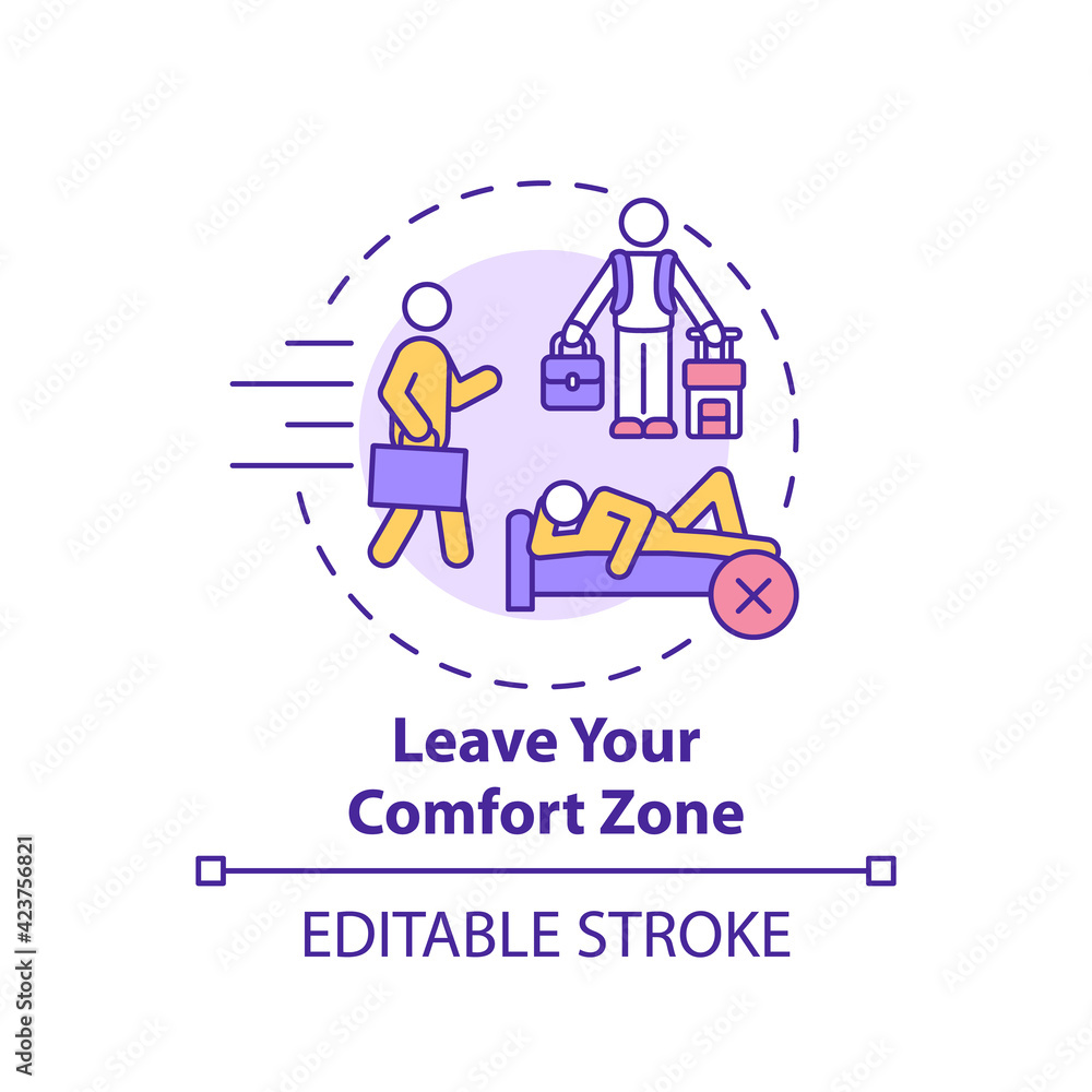 Leave your comfort zone concept icon. Change lifestyle to achieve goals. Personal motivation. Self development idea thin line illustration. Vector isolated outline RGB color drawing. Editable stroke