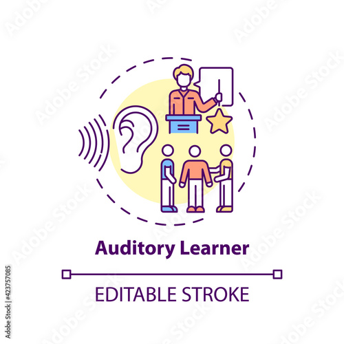 Auditory learner concept icon. Learning by sound. Hearing information. Self development and studying idea thin line illustration. Vector isolated outline RGB color drawing. Editable stroke