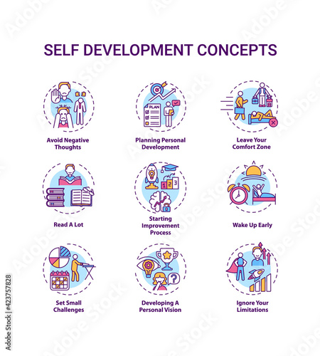 Self development concept icons set. Avoid negative thought. Leave comfort zone. Personal improvement idea thin line RGB color illustrations. Vector isolated outline drawings. Editable stroke