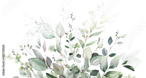 watercolor botanic, Leaf and buds.  herbal composition for wedding or greeting card. Spring Border with leaves eucalyptus photo