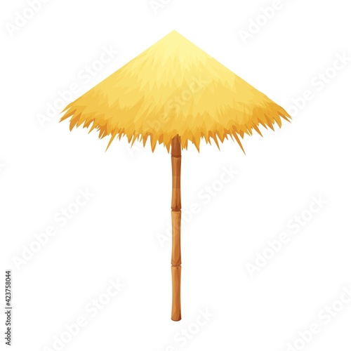 Beach umbrella from straw and bamboo in cartoon style isolated on white background. Hawaiian tiki parasol, sunshade equipment. Hotel, sea tropical decoration stock vector illustration.