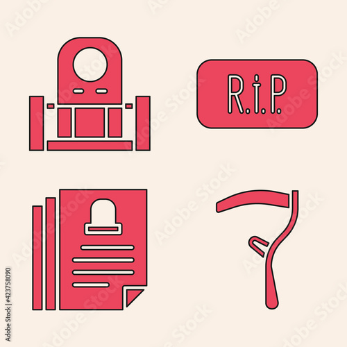 Set Scythe, Grave with tombstone, Speech bubble rip death and Death certificate icon. Vector