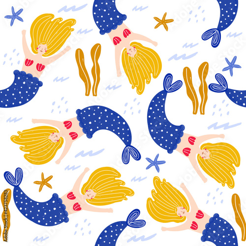 Seamless pattern with funny mermaid. Summer marine print. Vector hand drawn illustration.