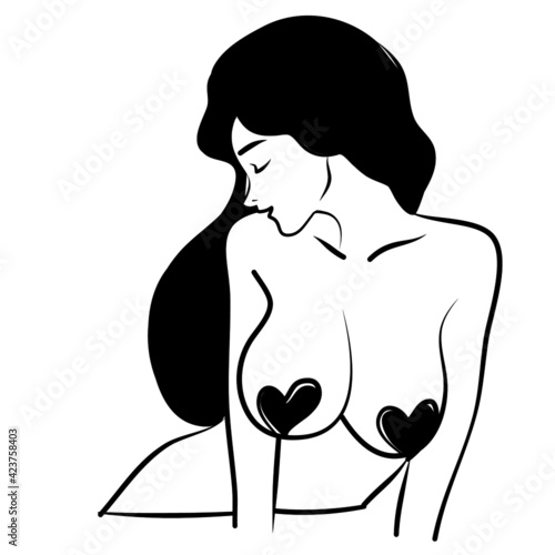 Erotica Sexy woman naked Attractive Girl with big Breast,  Black and white Flat Cartoon Vector illustration 