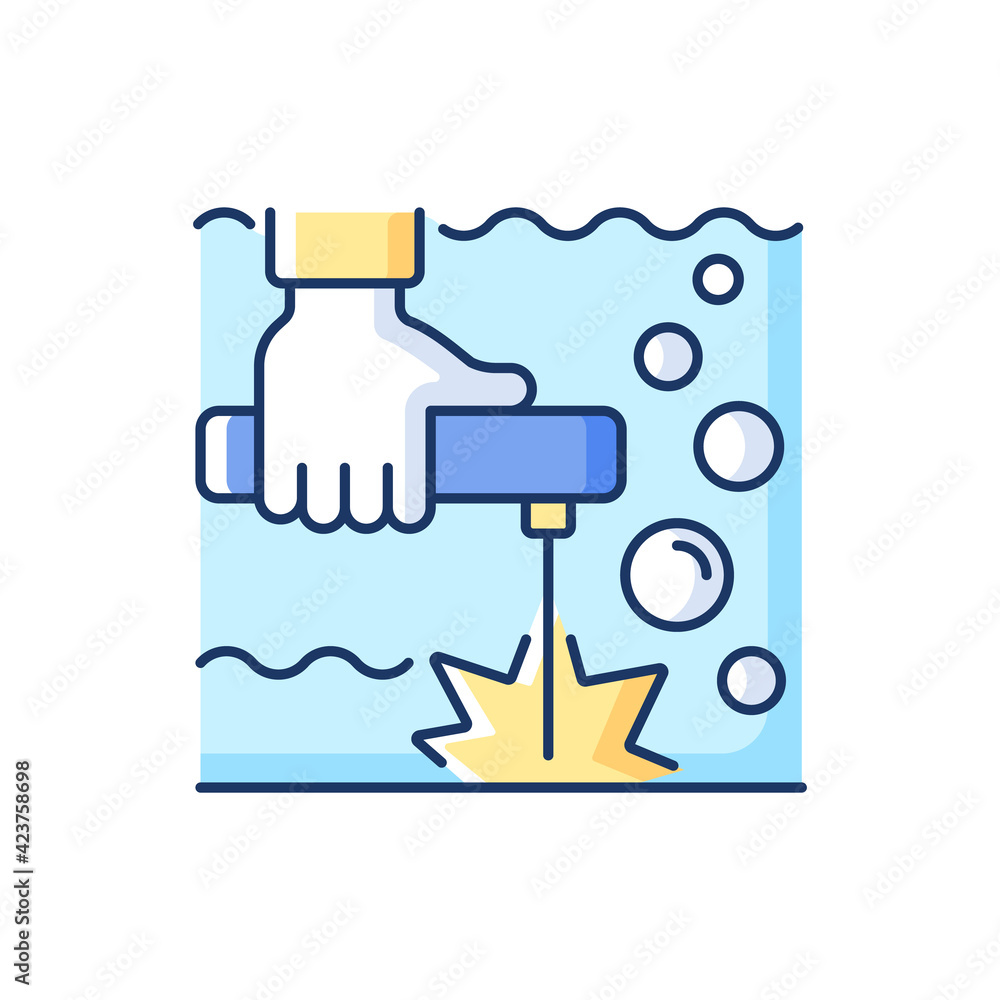 Underwater welding RGB color icon. Offshore oil drilling. Oil rigs and ships maintenance. Welder-diver. Decompression sickness. Pipelines repairing, maintaining. Isolated vector illustration