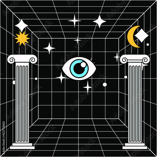 Surreal Masonic-like landscape with the eye of providence and ancient columns. Trendy occult psychedelic style illustration.