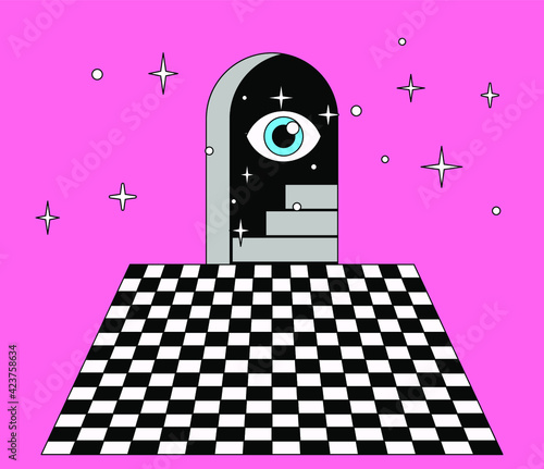 Surreal vaporwave room interior with a checkerboard floor and stairs. Trendy pop art psychedelic style illustration.