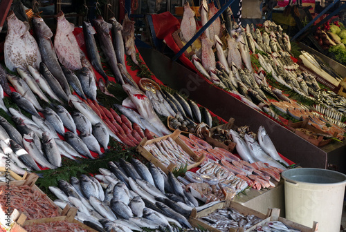 Street shop selling fish and seafood. Flounder, mackerel, salmon, shrimp and other seafood on display.