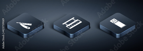 Set Isometric Straight razor, Shaving gel foam and Barbershop icon. Vector