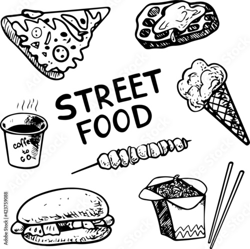 Street Food icons collection - black and white images of pizza, ice-cream, coffee, wok, waffles, hot dog. Isolated elements on white background. Vector illustration made after hand drawn sketch.