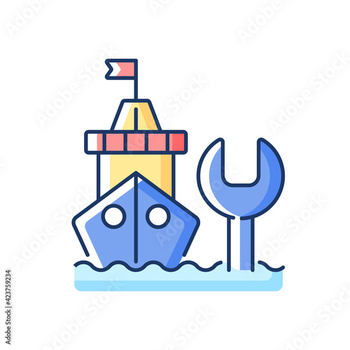 Ship maintenance and repair RGB color icon. Repairing floating vessels. Naval engineering. Keeping mechanical equipment going. Routine scanning. Shipbuilding industry. Isolated vector illustration