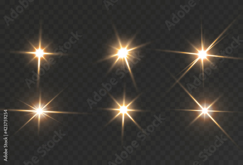Shining golden stars isolated on black background. Effects, lens flare, shine, explosion, golden light, set. Light star gold png. Light sun gold png. Light flash gold png. Powder png.