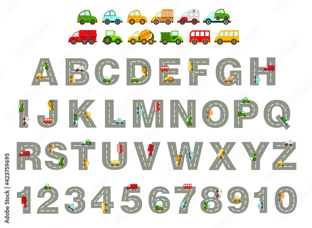 Track road alphabet, numbers. Kids learning material. alphabet and numbers with colored cars