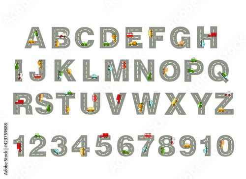 Track road alphabet, numbers. Kids learning material. alphabet and numbers with colored cars