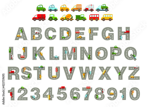 Obraz na płótnie Track road alphabet, numbers. Kids learning material. alphabet and numbers with colored cars w salonie