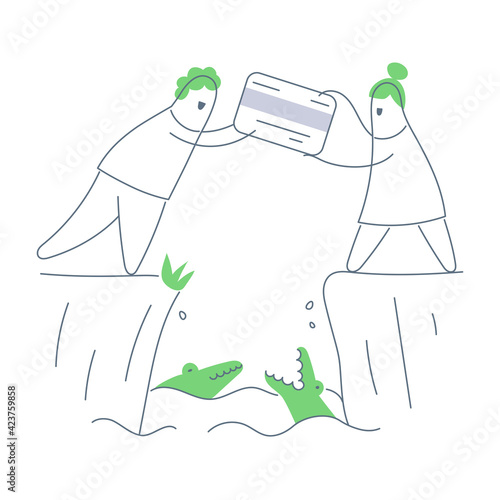 Secure payments, transferring credit card over the moat with crocodiles. Flat thin line vector illustration on white.