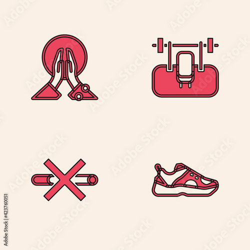 Set Sport sneakers, Meditation, Bench with barbel and No Smoking icon. Vector