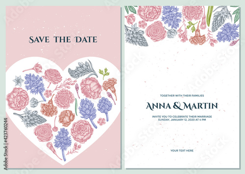 Wedding invitation card with pastel peony, carnation, ranunculus, wax flower, ornithogalum, hyacinth