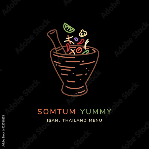 Green papaya salad (Som Tum) line art vector illustration. Som tam,thai cuisine menu. Som Tum is Thai language mean to green papaya salad food menu.