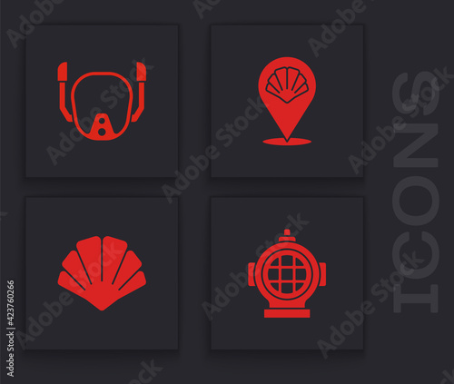 Set Aqualung, Diving mask, Scallop sea shell and icon. Vector