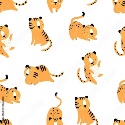 Vector hand-drawn seamless repeating color childish pattern with wild cats in Scandinavian style on a white background. Print with tigers and jaguars. Jungle animals.