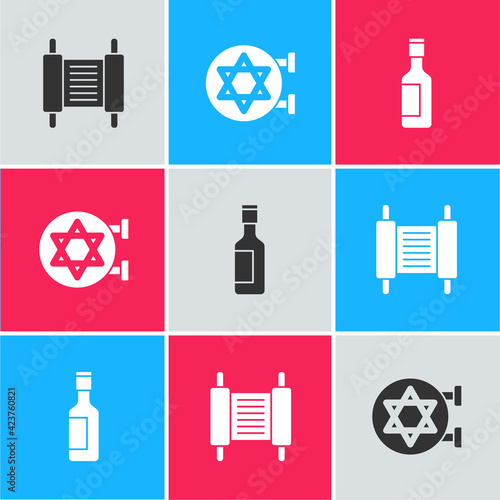 Set Torah scroll, Jewish synagogue and wine bottle icon. Vector