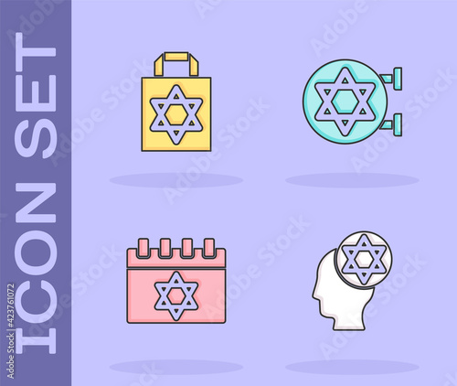 Set Orthodox jewish hat, Shopping bag with star of david, Jewish calendar and synagogue icon. Vector