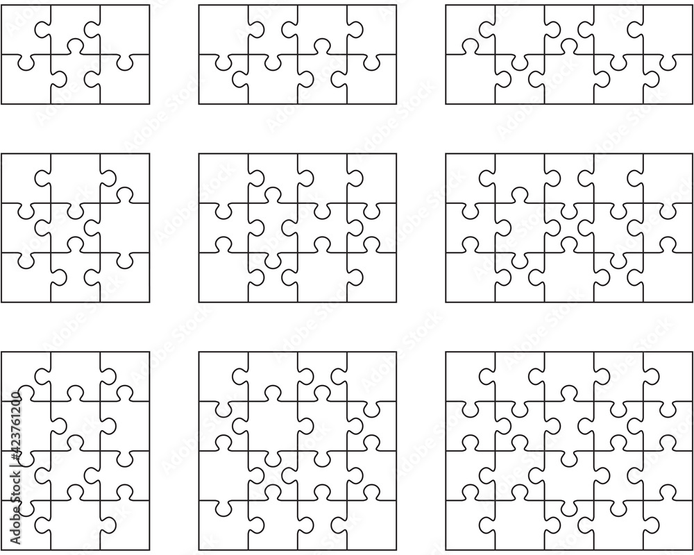 Illustration of nine different white puzzles, separate pieces Illustration of nine different white puzzles, separate pieces