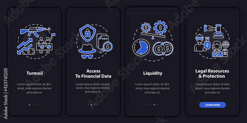 Foreign stock problems onboarding mobile app page screen with concepts. Security, liquidity walkthrough 4 steps graphic instructions. UI, UX, GUI vector template with linear night mode illustrations