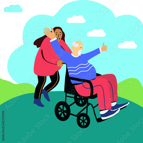 Disabled man sitting in wheelchair and hospital assistant poster vector illustration. The person on the wheelchair enjoys life. Care for the elderly hand drawn concept.