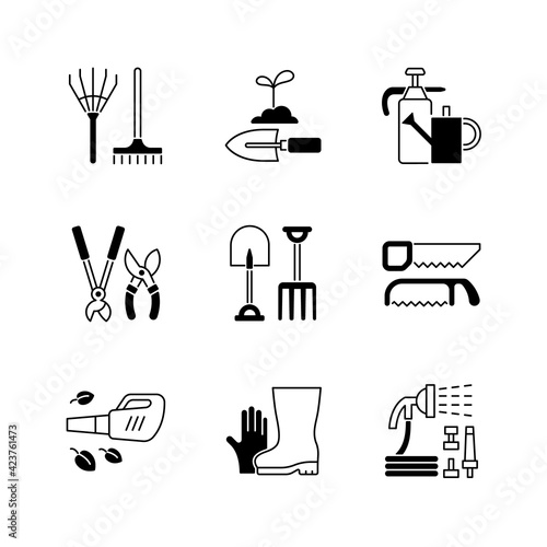 Gardening equipment black linear icons set. Rake. Hand trowel. Watering can and sprayer. Hedge trimmers, secateurs. Garden fork and spade. Glyph contour symbols. Vector isolated outline illustrations