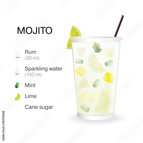Mojito cocktail with a description of the recipe isolated on a white background. Vector