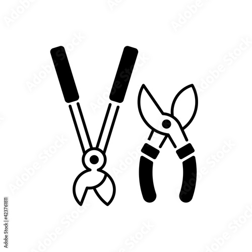 Garden secateurs black linear icon. Bypass loppers. Hedge trimmers. Pruning trees, shrubs and shears. Care for living plants and saplings. Outline symbol on white space. Vector isolated illustration