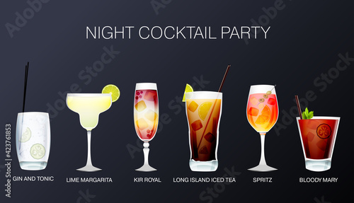 Set of alcoholic cocktails on a dark background night cocktail party vector