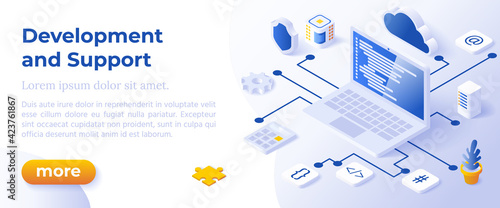 WEB DEVELOPMENT AND SUPPORT - Isometric Design in Trendy Colors Isometrical Icons on Blue Background. Banner Layout Template for Website Development