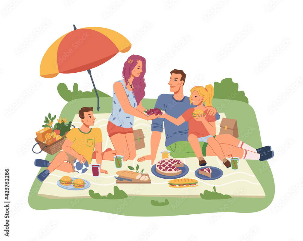 Happy family on picnic, mother, father, son and daughter together, sitting on blanket with food and drinks. Vector flat cartoon people, cake, sandwiches, soda with basket full of fruits and veggies