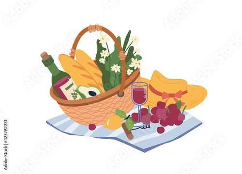 Picnic basket with food and drinks isolated flat cartoon icon. Vector wicker container with wine bottle and glass, summer flowers and woman hat, grapes and screw opener, bread and avocado, lemon