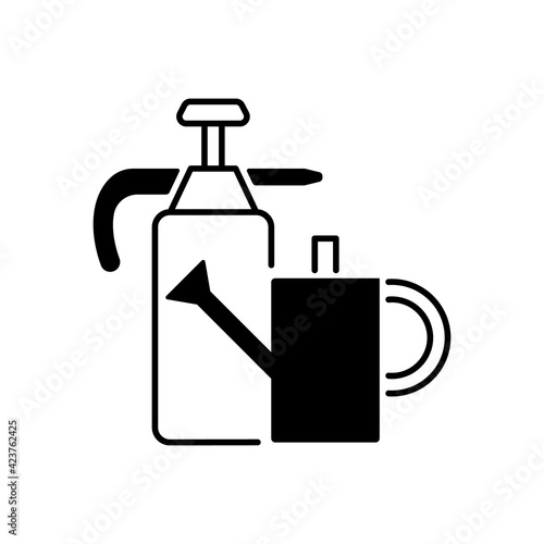 Watering can and hand sprayer black linear icon. Healthy garden maintenance. Fertilizers, herbicides application. Horticultural purposes. Outline symbol on white space. Vector isolated illustration