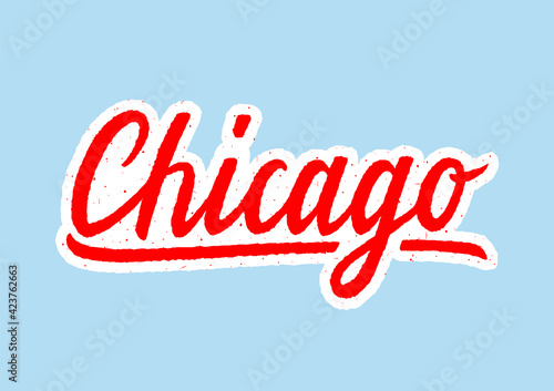 Chicago hand lettering with abstract red and white colors on blue background