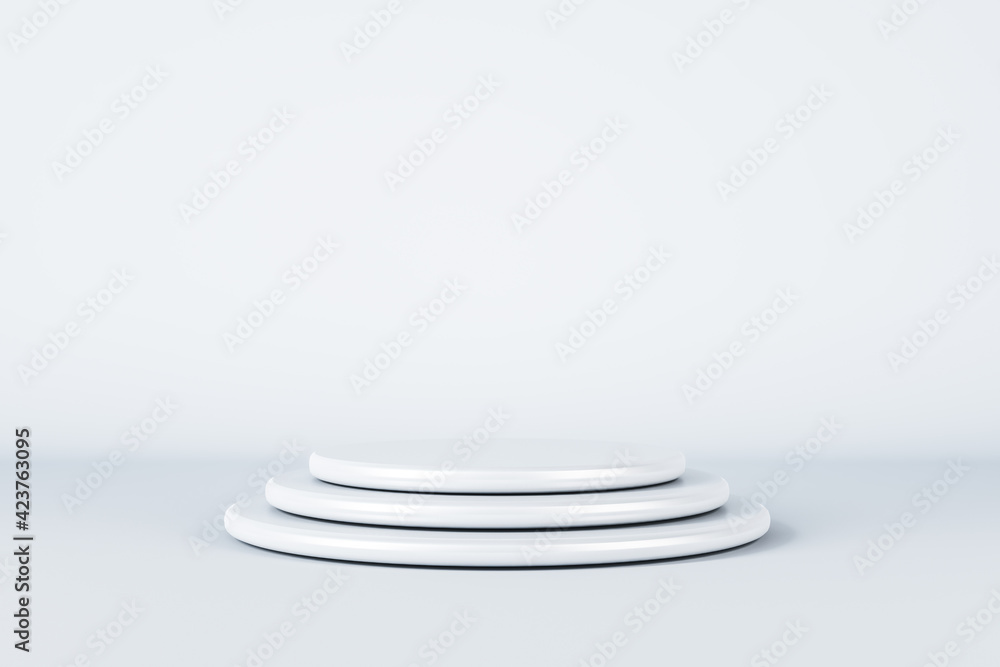 White glossy podium by three round stands on light empty background. 3D rendering, mock up White glossy podium by three round stands on light empty background. 3D rendering, mock up