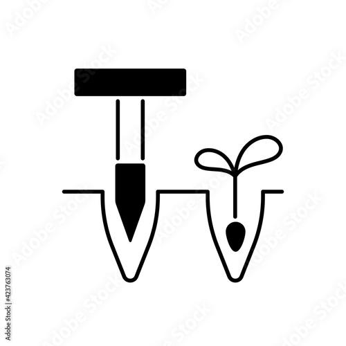 Dibbler black linear icon. Pointed wooden stick. Holes and furrows creation for planting. Preparation flower bed. T-handled dibber. Outline symbol on white space. Vector isolated illustration photo