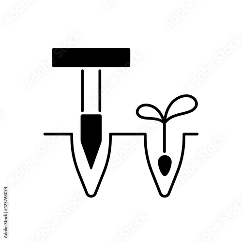 Dibbler black linear icon. Pointed wooden stick. Holes and furrows creation for planting. Preparation flower bed. T-handled dibber. Outline symbol on white space. Vector isolated illustration