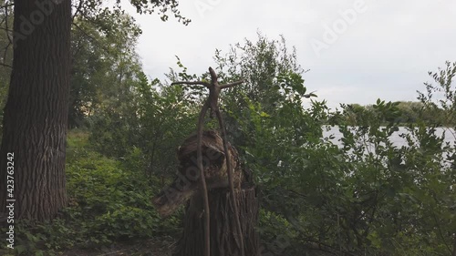 A wooden snag in the form of a pagan idol against the overcast sky and forest