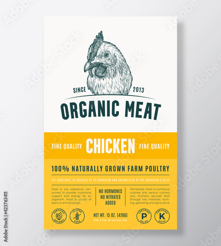 Organic Meat Abstract Vector Packaging Design or Label Template. Farm Grown Poultry Banner. Modern Typography and Hand Drawn Chicken Head Silhouette Background Layout with Soft Shadow