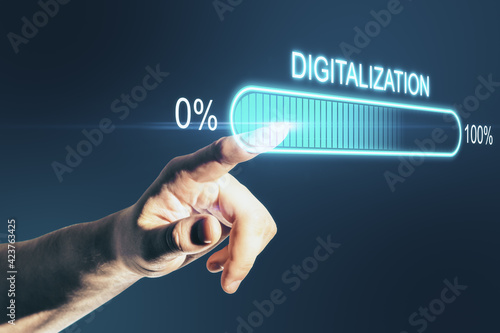 Digital transformation concept with man finger in virtual loading bar element icon with digitalization word. photo