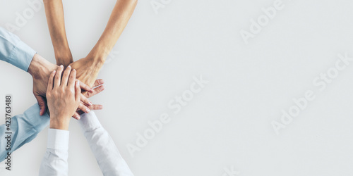 Collaboration concept with human hands of business people on white surface with copyspace. Mockup