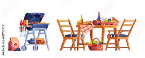 Bbq, table with food and drinks isolated. Vector served desk with fruits and vegetables, hamburger, wine and beer, two chairs and grilling machine with pot, logs, coal and mustard ketchup sauces
