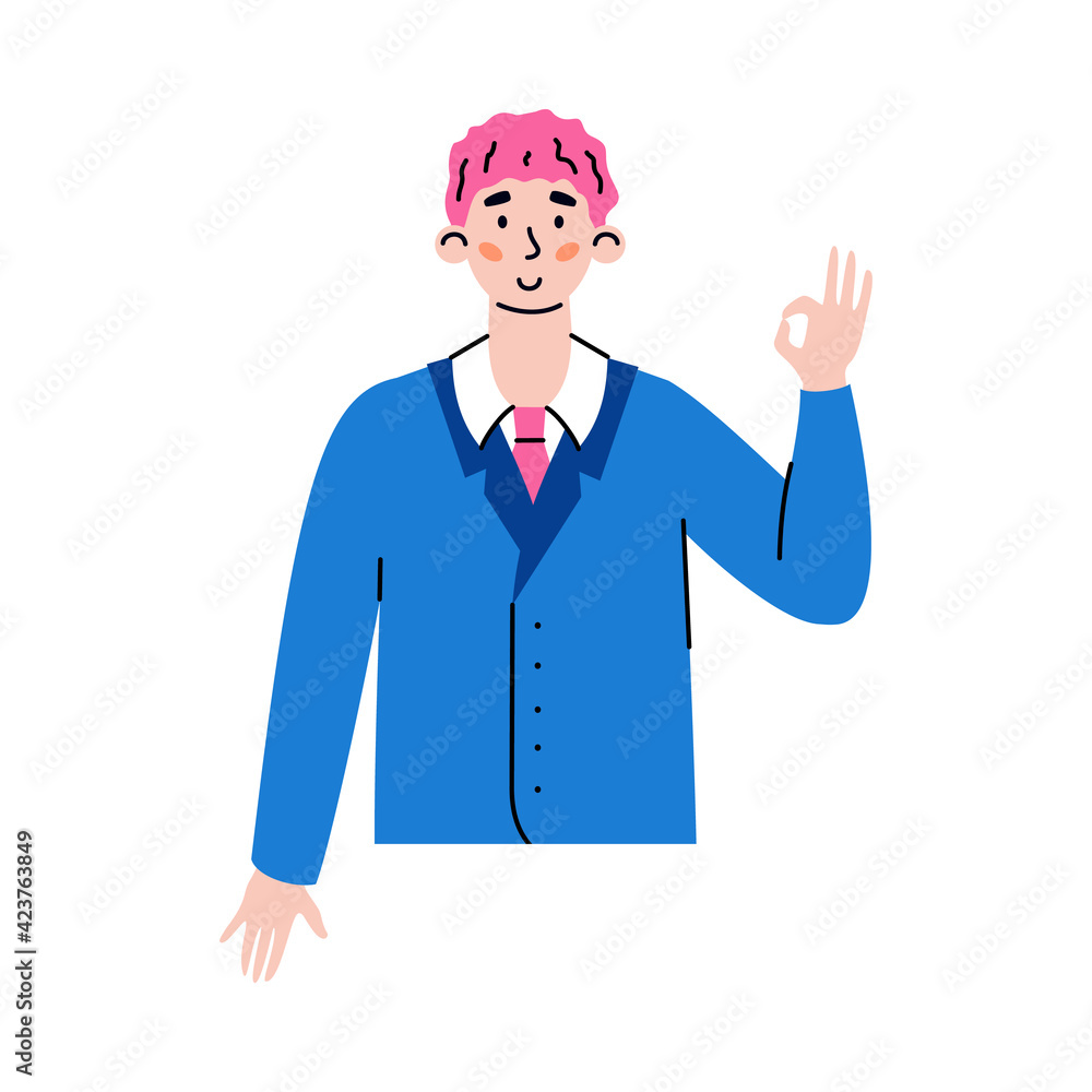 Businessman holding his fingers in OK gesture flat vector illustration isolated. Businessman holding his fingers in OK gesture flat vector illustration isolated.